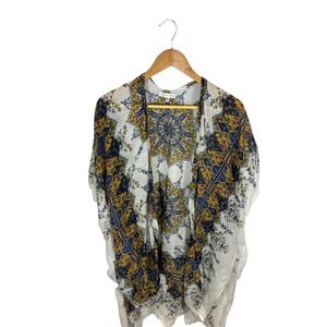 Woven Heart Kimono Cardigan Womens One Size White Medallion‎ Print Boho Sheer